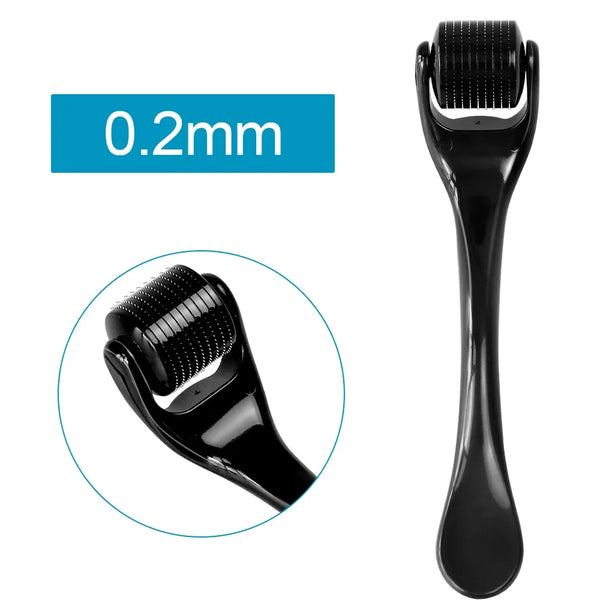 Black 0.2mm derma roller, featuring fine stainless steel needles for enhanced skin rejuvenation and collagen production.