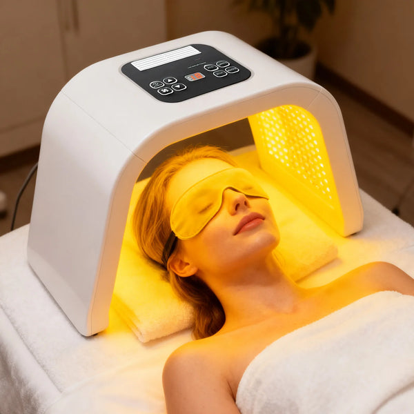 White LED light therapy device with digital control panel, designed for skincare treatments, featuring yellow light for facial rejuvenation.