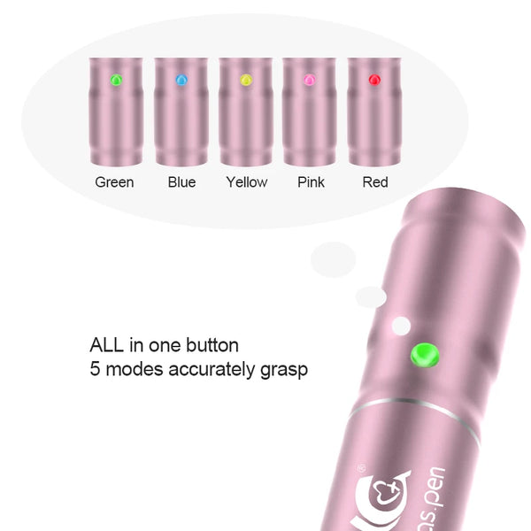 Colorful LED pen in pink, featuring five mode options with vibrant green, blue, yellow, pink, and red lights.