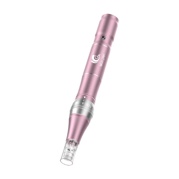 Pink microneedling pen with silver accents, featuring a sleek design for skincare treatments.