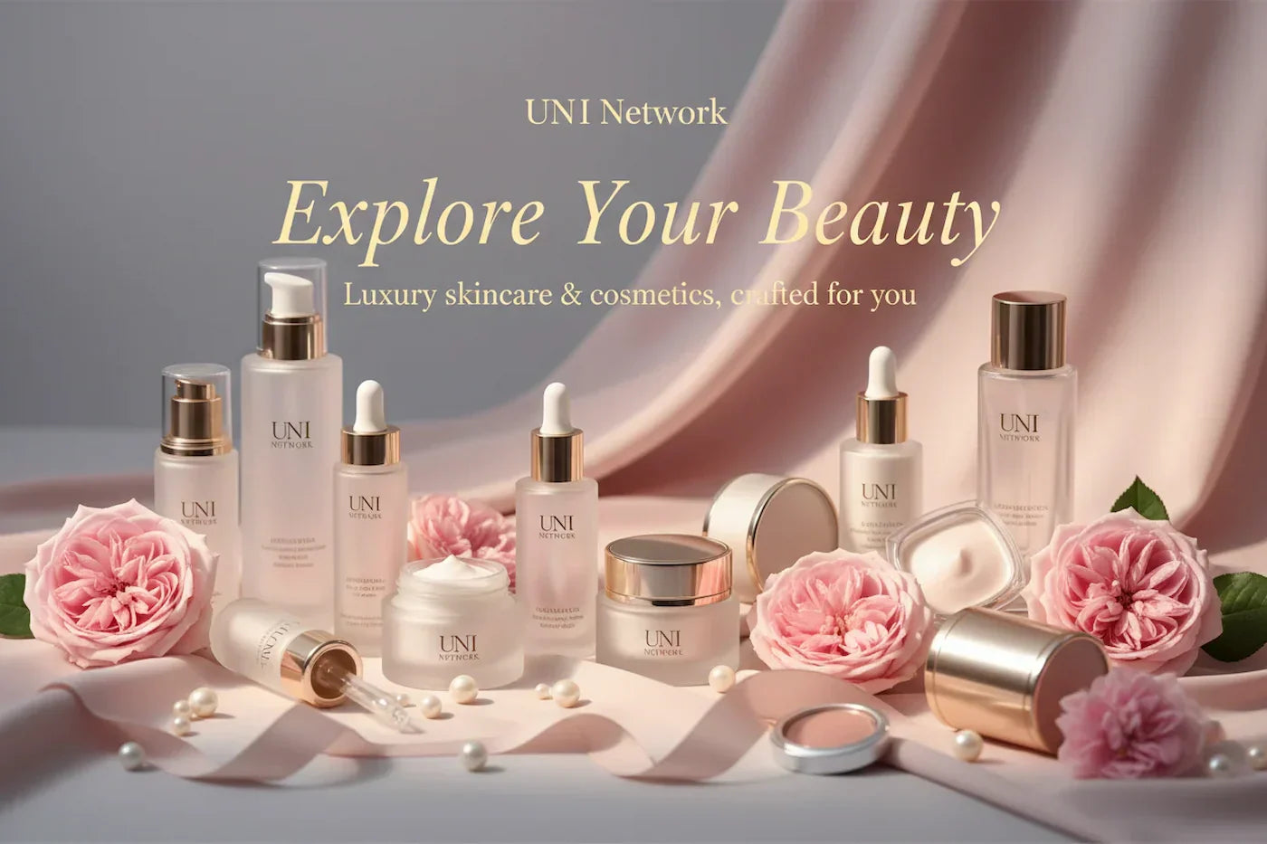 Luxury skincare collection with pink floral accents, gold accents, and elegant bottles on a soft satin backdrop.