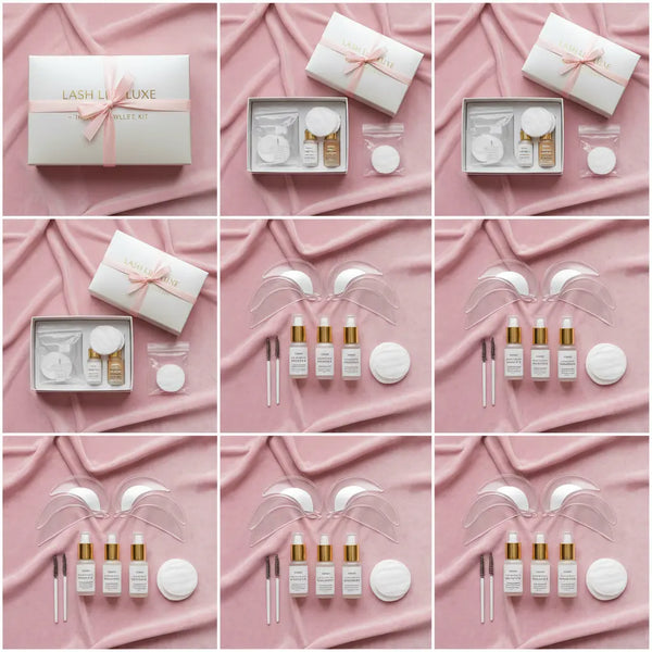 Collage of cosmetic products and packaging on a pink fabric background